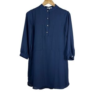Monteau Womens Tunic Dress Navy Blue Lined Gold Buttons Long Sleeves Midi Size S